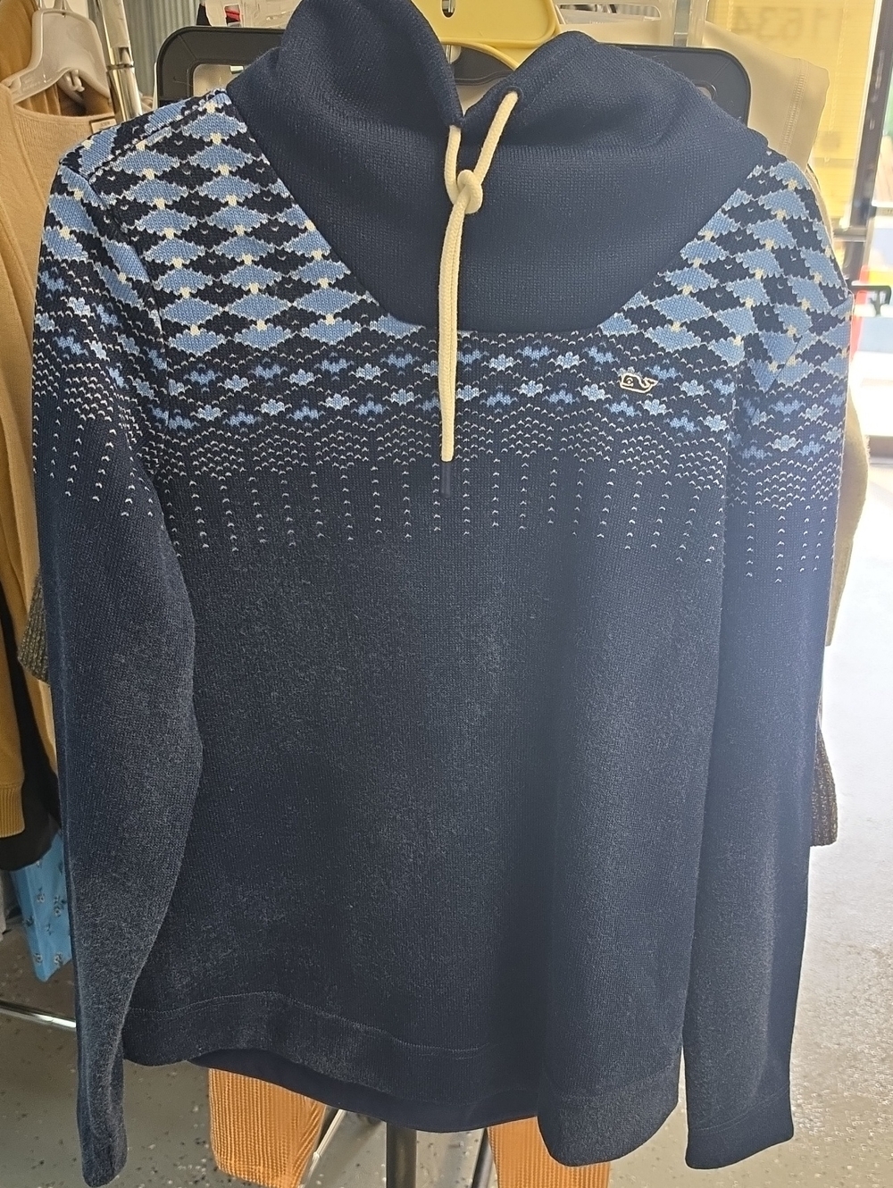 Vineyard Vines Navy Turtleneck Sweater with Light Blue Fair Isle Yoke